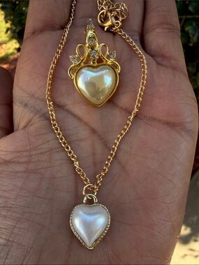 Gold Pearl Heart Pendant Necklace - and pendant set Women Jewelry
